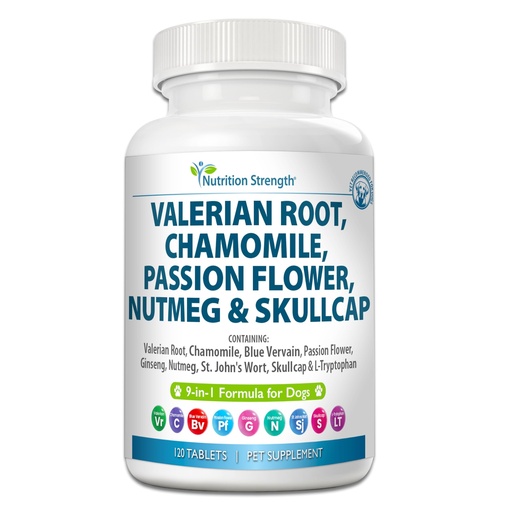 [BRSREYI6PMCBSAY7] 9-in-1 Valerian Root for Dogs 200mg, Chamomile 160mg, Blue Vervain, Passion Flower, Ginseng, Nutmeg, St John's Wort, L-Tryptophan for Dog Stress Relief & Calming, 120 Tablets