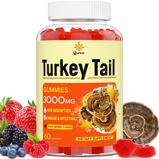 [BRSRAFIYOV5A4AD3] Turkey Tail Mushroom, Turkey Tail (100% Fruiting Body, 40% Beta Glucans) add Black Pepper, Mushroom Gummies for Gut, Energy, Brain & Immune Support, Mixed Berries Flavor | Vegan, Non-GMO, 60ct