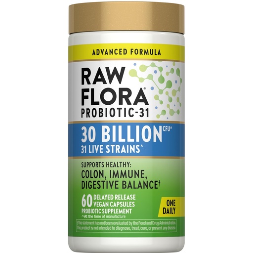 [BRSRGAI2BEHB6HTB] Raw Flora Probiotic for Women and Men | 30 Billion CFU | 60 Delayed Release Capsules | Vegan & Gluten Free Supplement