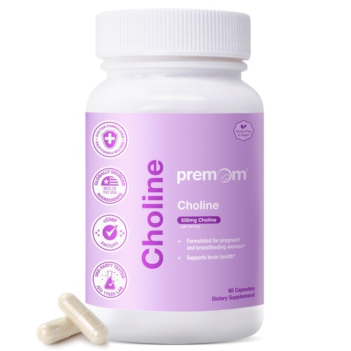 [BRSREAAPOYHBSHT7] Premom Prenatal Choline Supplements, 550mg Choline Bitartrate, Supports Baby Brain Health & Cognitive Development + Pregnancy & Postpartum Breastfeeding Support for Women*, 60 Veggie Capsules