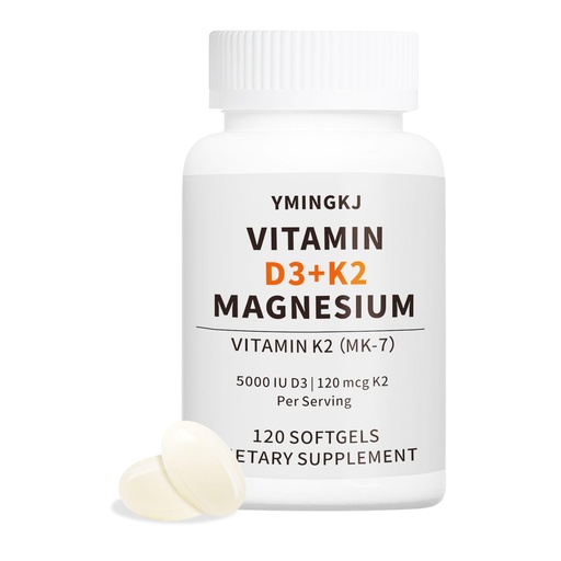 [BRSREHQDDNYWGCY3] Vitamin D3 K2 5000 IU 120 Softgels with Magnesium Supplement - & 120mcg MK-7 K2 for Bone Health & Immune Support - Non-GMO & Gluten-Free Softgels with MCT Oil