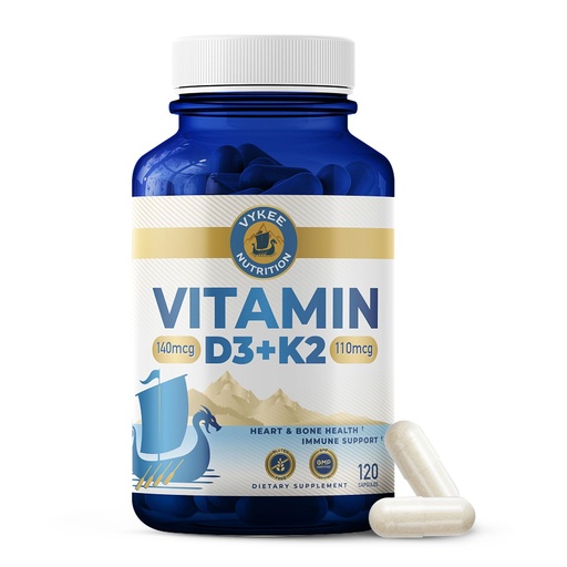 [BRSRAAYFCEPQYYA6] Vykee Nutrition Vitamin D3 K2 Complex - High Potency 140 mcg D3 Vitamin and 110mcg Vitamin K2 (MK-7) - Vegan Supplement for Bone and Heart Support, Non-GMO, Gluten-Free - 120 Count