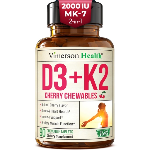 [BRSREGQZCEDWK2D6] Vitamin D3 K2 Supplement – All-in-1 Support for Immune, Bone & Heart Health – Vitamin D + Vitamin K (as MK7) – K2 D3 2000IU Vitamin Supplement, 90 Natural Cherry-Flavored Chewables