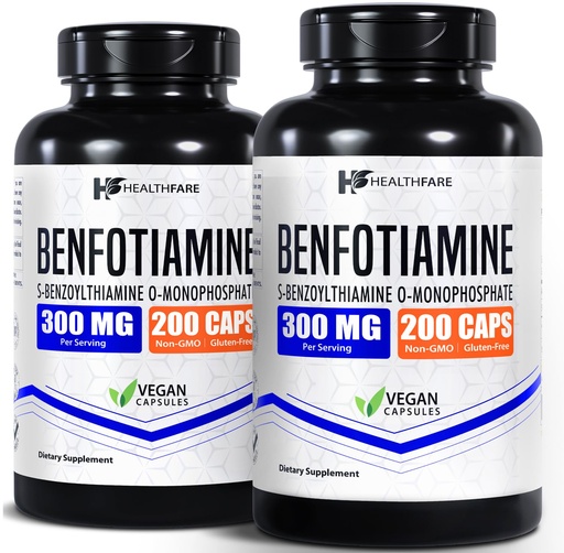 [BRSROZAFPMIBMYA2] Healthfare Benfotiamine 300mg | 200 Capsules | Fat Soluble Thiamine Vitamin B1 | Supports Overall Health | Non-GMO | Gluten Free (2-Pack)