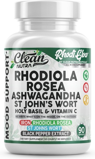 [BRSREAAZAUCWM3YZ] RhodiGlow Rhodiola Rosea Mood Support Supplement + Ashwagandha St Johns Wort Holy Basil Vitamin C Iron Black Pepper By Clean Nutra