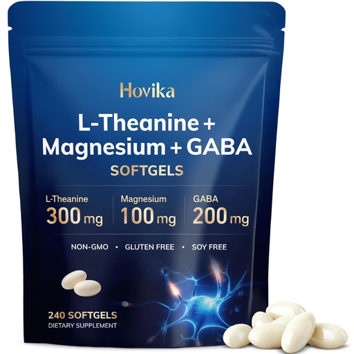 [BRSRGEL7PINRE3D6] L-Theanine Softgels 300mg with Magnesium Bisglycinate 500mg Magnesium Citrate 300mg, GABA 200mg | Enhanced Absorption with Coconut Oil | Calm, Relaxation & Focus Support | Non-GMO