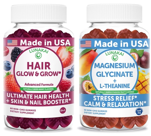 [BRSREAYCCAFGEYDD] Lunakai USA Made Hair Glow & Grow + Magnesium Glycinate with L-Theanine Gummies Bundle – Naturally Flavored, Non-GMO – 60ct Each