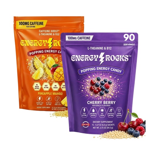 [BRSRGCADOAJRO33F] Caffeine Candy Variety Pack – 90 Servings, Popping Energy Candy Crystals with 100mg Caffeine, L-Theanine & B12 – No Drink Needed Coffee Alternative (Cherry Berry & Pineapple Mango)