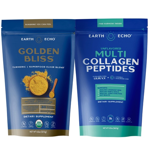 [BRSRGZ3QCJ6RSD3U] Earth Echo Revitalizing & Nightcap Bundle - Hydrolyzed Collagen with Vitamin C & Hyaluronic Acid for Radiant Skin - Organic Golden Milk Powder with Ginger for Restful Sleep - 1 Pack Each