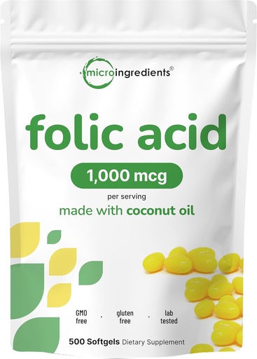 [BRSWYZIPOAPA2F32] Chất axit Folic 1,000 mcg, 500 dầu dừa Softgels (1mg)  Chớ phân tử cơ bản (Vitamin B9)  667 mcg DFE thứ ba được kiểm tra, không có màu sắc nhân tạo hoặc Flavors Non-GMO, Gluten free