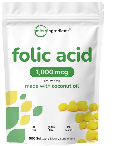 [BRSWYZIPOAPA2F32] Folic Acid 1,000 mcg, 500 Coconut Oil Softgels (1mg) | Essential Prenatal Vitamins (Vitamin B9) | 1,667 mcg DFE | Third Party Tested, No Artificial Colors or Flavors | Non-GMO, Gluten Free