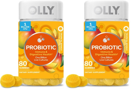 [BRSRGGQNPMPBUADA] OLLY Probiotic Gummy,1 Billion CFUs,Immune and Digestive Support,Chewable Probiotic Supplement,Mango,80 Count (Pack of 2)