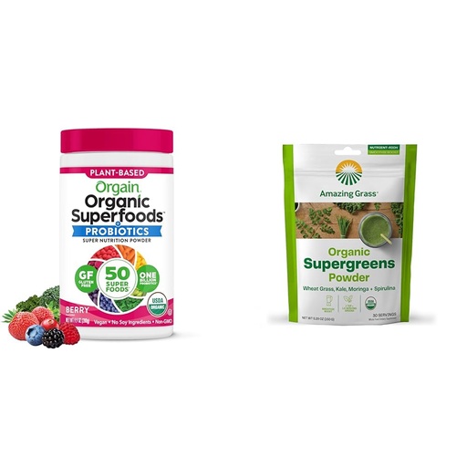 [BRSRAYYYOUNGEDI2] Orgain Organic Greens Powder with 50 Superfoods + Amazing Grass Super Greens Booster with Wheat Grass, Kale & Spirulina