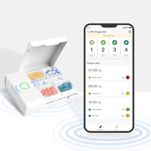 [BRSW2CYZCAGWMHQ6] Comfytemp Medicine Box - Smart Medication Organizer with Free App, Pill Plan on Pill Box, Alarm Reminder, 4 Large Compartments, Rechargeable Portable Travel Pill Box for Medicine/Vitamins/Supplements