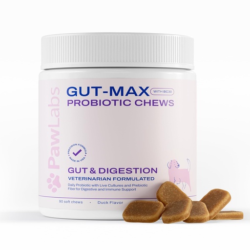 [BRSROZ32CV5AYF34] PAWLABS Gut Max Probiotic Chews - Natural, Vet Formulated Digestive & Immune Support - Relieves Diarrhea, Constipation - with Patented BC30™ Bacillus Coagulans - Duck Flavor - 90 Soft Chews
