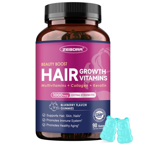[BRSRAAA5DMMWGFDO] ZEBORA Biotin Gummies with Hyaluronic Acid, Keratin and Collagen – Extra Strength Hair Skin and Nails Vitamins for Women - Hair Growth Women and Men - 90 Blueberry Gummies