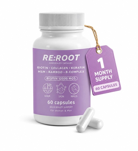 [BRSREFAKCIGRQA3V] RE:ROOT Hair Growth Supplement – 12,000 mcg Biotin with Collagen, Keratin, MSM & Bamboo – Hair, Skin & Nails Support – 60 Vegan Capsules