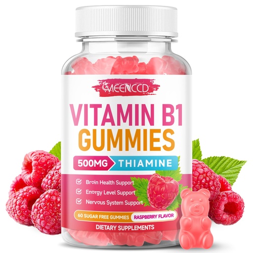 [BRSRECYECUFQ2DTJ] MEENCCD Vitamin B1 Gummies 500mg, Thiamine B1 Supplement Supports Energy Production, B1 Vitamin for Adults & Kids, Sugar-Free, Vegan, Raspberry Flavor, 60 Count