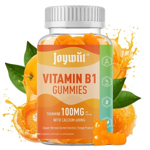 [BRSRAZQQCMFBS3DH] Vitamin B1 Gummies 100mg for Adults & Kids, Thiamine B1 Supplement with 600mg Calcium, Nervous System Supports & Boost Energy, Orange Flavor, Non GMO, Vegan, 60 Chewable Gummies