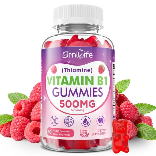 [BRSRG2QBBF6BSF3G] Vitamin B1 Gummies 500mg for Adults & Kids – High Potency Thiamine B1 Supplement for Energy & Nervous System Support, Sugar-Free, Raspberry Flavor, 60 Count