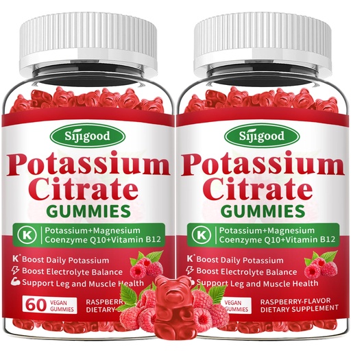 [BRSRAGIPCIFAOG3D] 2 Pack Potassium Citrate Gummies – Potassium Supplement for Muscle Health, Leg Cramp Relief & Electrolyte Balance, Vegan, Non-GMO, Gluten-Free, Raspberry Flavor, 120 Count