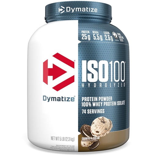 [BRSWKHQ5BJYGECDY] Dymatize ISO100 Whey Protein Powder Isolate, Cookies & Cream, 25g of Protein, 5 Pound, 5.5g BCAAs, Less Than 120 Cal., Gluten Free, 1g Fat, 1g Sugar, 2g Carb (74 Servings)