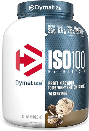 [BRSWKHQ5BJYGECDY] Dymatize ISO100 Whey Protein Powder Isolate, Cookies &amp; Cream, 25g de Protein, 5 libras, 5.5g BCAAs, Menos Than 120 Cal., Gluten Free, 1g Fat, 1g Sugar, 2g Carb (74 Servings)