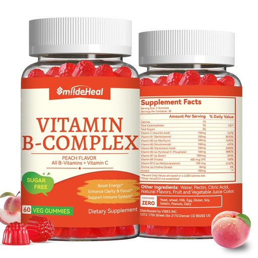 [BRSRECA3BN5BEGY2] Vitamin B Complex Gummies for Women & Men - Vitamin B12, B1, B2, B3, B5, B6, B7 & B9 - B Complex with Vitamin C & Choline - Energy & Immune Support* - Vegan, Sugar Free, Peach Flavor - 120 Gummies