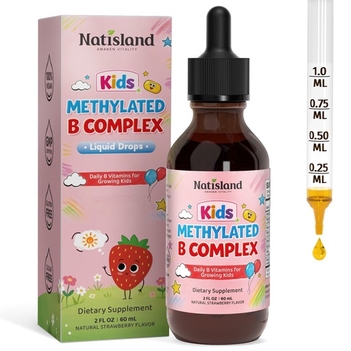 [BRSRGADRBADQYHQY] Methylated B Complex for Kids, Vitamin B Complex Liquid Drops with Methyl B12 & 5-MTHF, Sugar Free, Supports Energy & Nervous System, Vegan, Alcohol-Free, Strawberry Flavor, 2 Fl Oz