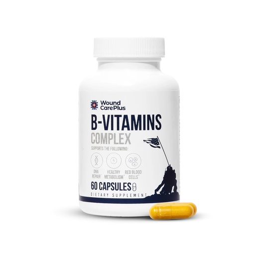 [BRSREZAYBANW2YLK] Wound Care Plus B Complex with B12 Vitamin Supplement with Thiamine, Riboflavin, Niacin & Biotin – Supports Cellular Energy, Immune Function – 60 Capsules – Non-GMO, Gluten-Free