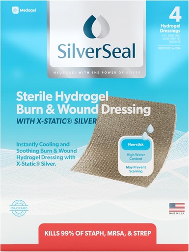 [BRSWYCY2OAHGC234] SilverSeal Burn and Wound Dressing | Hydrogel Pads X-Static Silver | Soothing, Moist & Protective | Burns, Cuts & Wounds | 4 Sterile Dressings