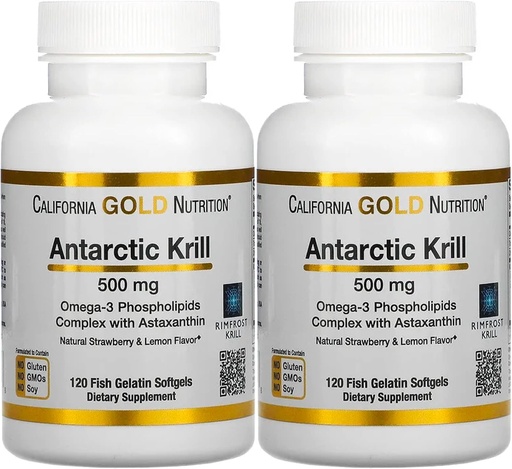 [BRSW2CYCCANAM2TX] California Gold Nutrition Antártico Krill Oil, Ultra-High Omega-3 con Astaxanthin, Fresa Natural " Lemon Flavor, No GMO, Gluten Free, 500 mg, 120 Fish Gelatin Softgels, 2 Pack