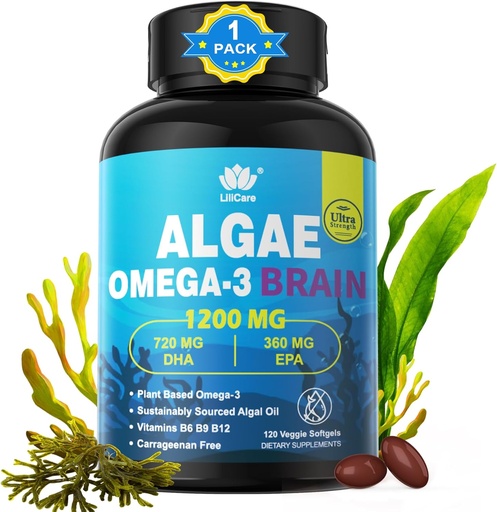 [BRSRAGAYCV5RMHLX] Omega 3 DHA 720mg EPA 360mg の魚油の Softgels, ビーガン Algae サイエンス 2:1 脳の目のための比率, 植物は持続的に供給オメガ 3 サプリメント, 魚油代替 1200 mg, 魚の味なし, 120Cts