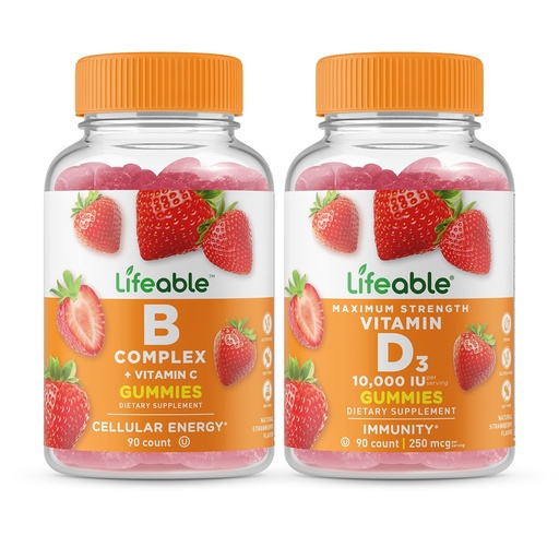 [BRSRMYAYAAIRUHL5] Lifeable B Complex + Vitamin D 10000 IU, Gummies Bundle - Great Tasting, Vitamin Supplement, Gluten Free, GMO Free, Chewable