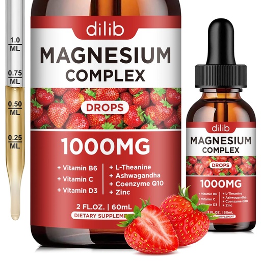[BRSROEALDMMGEAD3] Triple Magnesium Complex Supplement, Magnesium Glycinate, Blend, Citrate Liquid Drops 1000mg with Ashwagandha, CoQ10, Vitamin B6, C, D, Zinc -Support Calm Stress Relief, Bone, Muscle, Mood Vegan