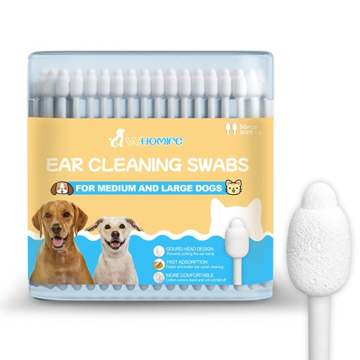[BRSRMBINBUPR6A3O] Large-Head Dog Ear Swabs, Gourd Cotton Tips, 56 pcs | Soft cotton-paper sticks in sealed packs for folds, paws, post-play cleanup, bathroom or travel.