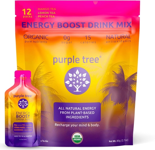 [BRSWYGDRAV7B4YD2] purple tree Organic Energy Stick Packets – Zero Sugar, 80mg Natural Caffeine from Yerba Mate & Guarana, with B12 Vitamins for Smooth, Crash-Free Energy – Lemon Iced Tea Flavor, 12 to-Go Packs