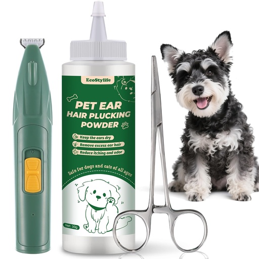 [BRSRAAD7DEAQICT6] Dog Ear Hair Removal Tool – 30g Ear Powder, 5.5" Hemostat & Electric Dog Ear Trimmer – Helps Reduce Wax & Odor – Grooming Kit for Schnauzers, Poodles & Breeds with Ear Hair