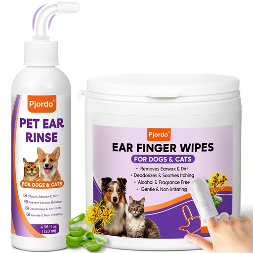 [BRSROCQKC4BAIE3K] Pjordo Pet Ear Cleaner Set - Dog Ear Cleaner with Aloe Vera & Witch Hazel, Dog & Cat Ear Cleaner Solution for Soothing Ear Itching & Deodorize, Ear Wipes for Dogs & Cat Gently Removing Ear Wax & Dirt