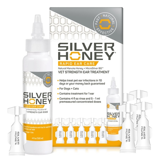 [BRSRMHAFC4CWG2DJ] Absorbine Silver Honey Rapid Ear Care Vet Strength Ear Cleaner + Infection Treatment, 10-Day Regimen for 1 Ear, Safe for Dogs & Cats, Medical Grade Manuka Honey & MicroSilver BG