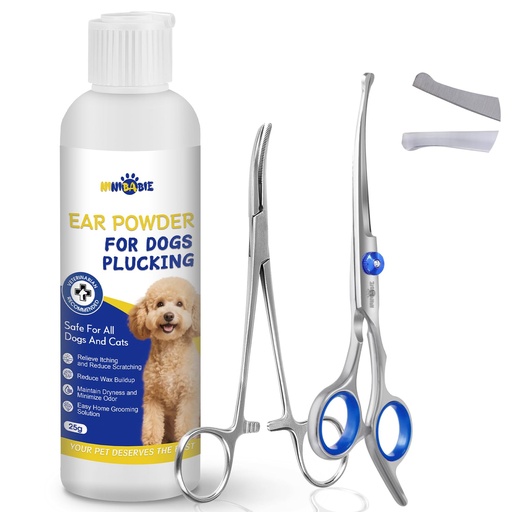 [BRSRE23QCN7QA2TA] Dog Ear Hair Removal Kit – Ear Powder, Safety Round Tip Scissors & Locking Tweezers – At-Home Grooming Set for Hair Plucking, Wax Removal & Odor Control – Ideal for Poodles & Doodles