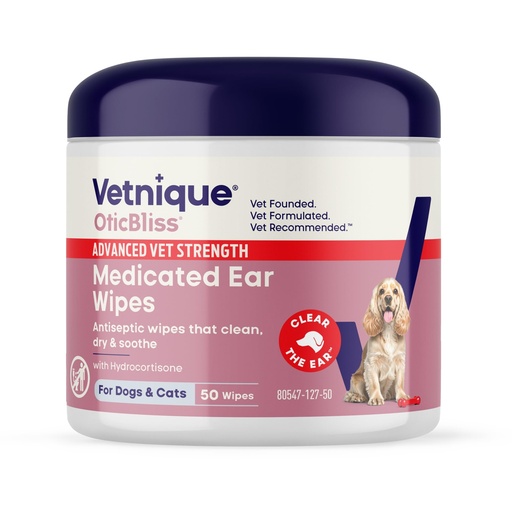 [BRSRAEAROADWYHIU] Vetnique Oticbliss Cat & Dog Ear Wipes - Dog Ear Infection Wipes or Dog Ear Cleaner Wipes for Dirty, Waxy, Smelly Ears, Odor Control with Aloe Vera & Salicylic Acid (Medicated Ear Wipes (50ct))