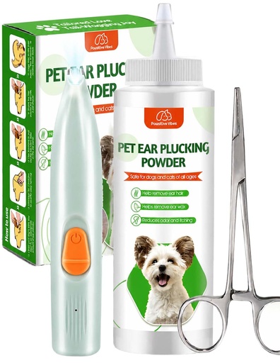 [BRSRAYIRPN6G2C32] Dog Ear Powder Hair Removal Kit–Safe Grooming Set with 30g Ear Powder, LED Silent Trimmer & 5.5in Tweezers All-in-One Ear Care Solution for Dogs &Cats,Odor Control & Hygiene Support, Home Grooming Kit
