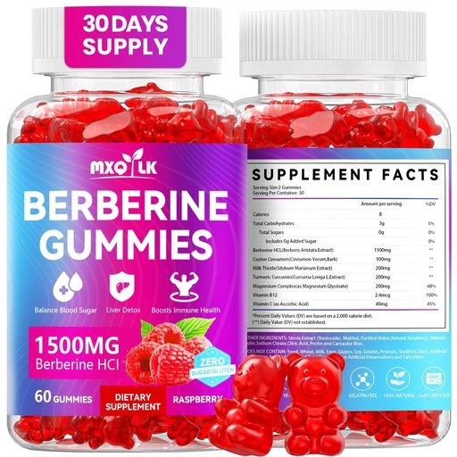 [BRSRGEA6AUHRGAL2] Berberine Gummies 1500mg – High Potency Berberine Supplement with Ceylon Cinnamon and Milk Thistle – Supports Glucose Metabolism & Natural Liver Function – Vegan, Sugar-Free, Non-GMO – 60 Count