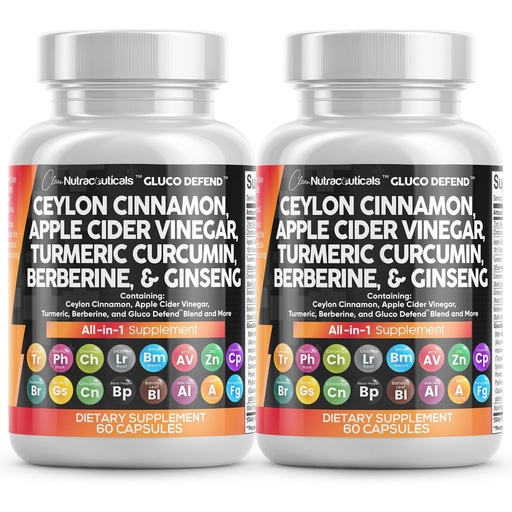 [BRSRAATYPIBGC3A4] Clean Nutraceuticals Ceylon Cinnamon Capsules + Berberine Turmeric Apple Cider Vinegar Ginseng Bitter Melon Gymnema Milk Thistle Fenugreek Supplement (60 Count (Pack of 2))