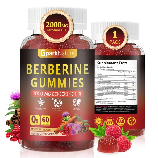 [BRSREFIKC4MWOCI3] Berberine Gummies 2000 mg, Berberine Supplement with Ceylon Cinnamon, Turmeric, Milk Thistle, Magnesium, Chromium for Immune Support, Sugar Free, Vegan, Raspberry Flavor, 60 Count-1 Pack