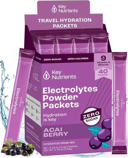 [BRSROBD4C4PAM23D] KEY NUTRIENTS Multivitamin Electrolytes Powder Packets - Delicious Acai Berry 40 Pack Hydration Packets - Travel Hydration Powder - No Sugar, No Calories, Gluten Free - Made in USA