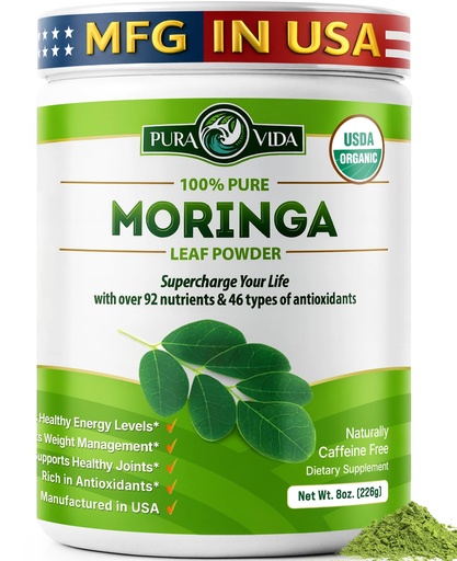[BRSWGYIBBUIGEYDP] PURA VIDA MORINGA Organic Moringa Powder, Premium 100% Leaf Powder Single Origin - USDA Organic Moringa Oleifera Leaf, Perfect for Smoothies & Recipes, 8 oz