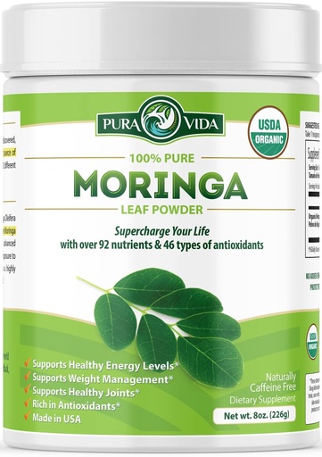 [BRSWGYIBBUIGEYDP] PURA VIDA MORINGA Poudre biologique d'origine unique - Premium 100% Poudre de feuille, USDA Bio Moringa Oleifera, Moringa Poudre de feuille - Parfait pour les smoothies et recettes. 8 oz.