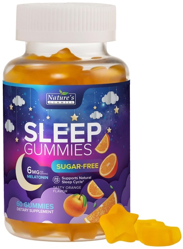 [BRSRMHA6AF5BAG3Z] Sleep Gummies for Adults - Sugar Free Melatonin 6 MG Per Serving Gummy Supplement - Natural Zero Sugar Sleeping Gummy for Adults & Kids, Orange Flavored, Extra Strength Sleep Support - 60 Gummies